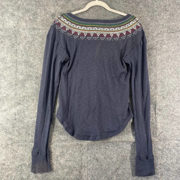 Free People Thermal Top Small Navy Blue Fair Isle Henlet Long Sleeve - Picture 3 of 13